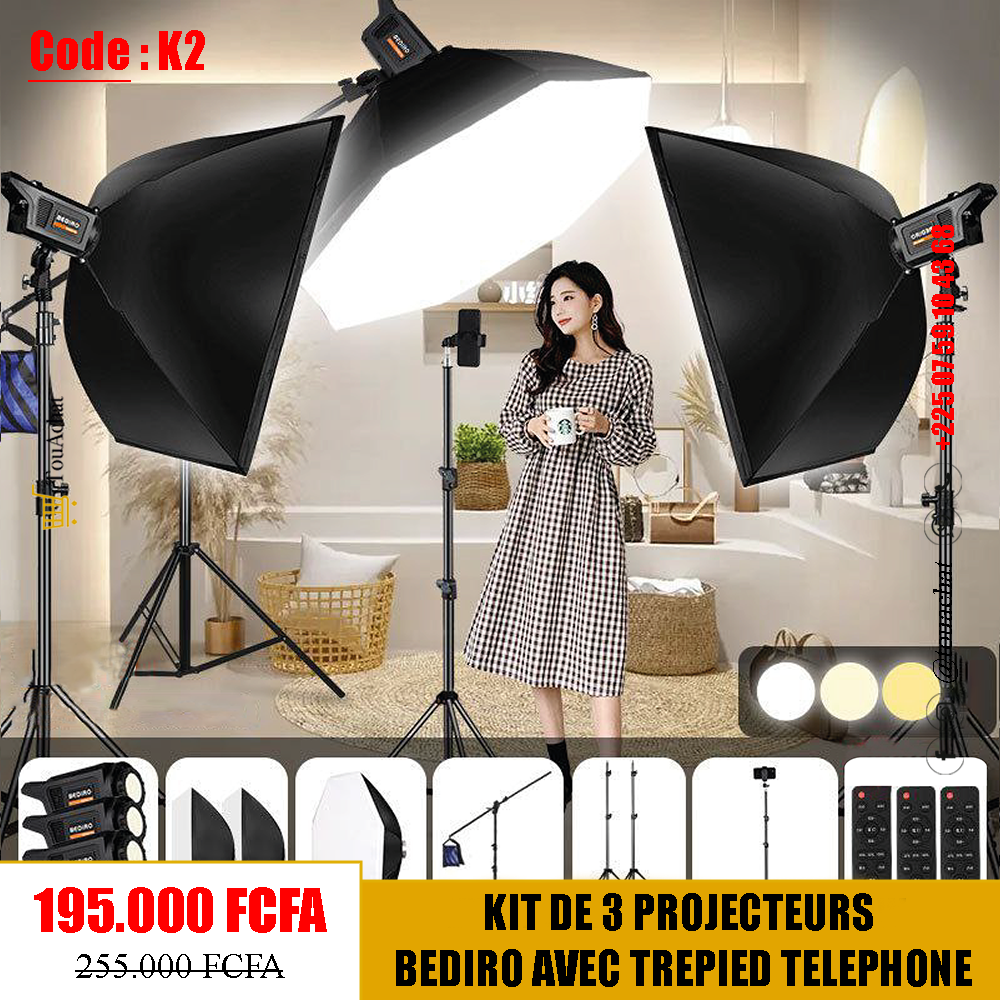Kit de 3 Projecteurs BEDIRO Tricolore avec Trépied Téléphone